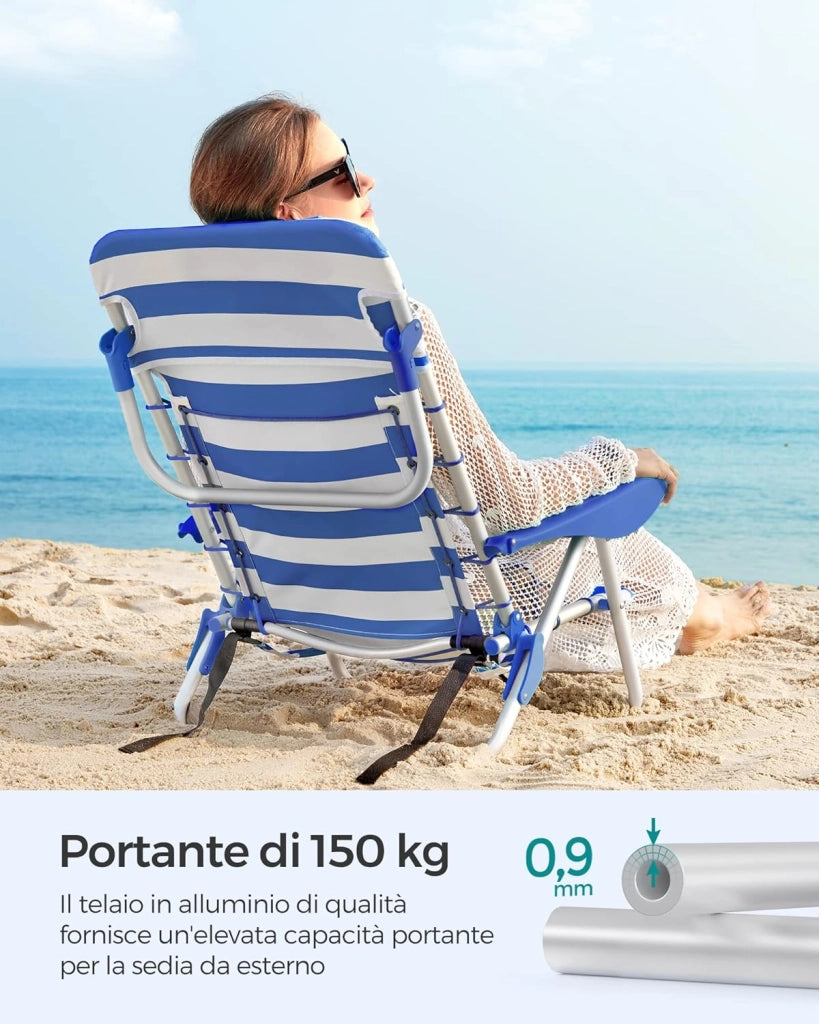 SONGMICS Sedia da spiaggia, sedia da campeggio pieghevole, con tracolla, schienale regolabile, poggiatesta, bracciolo, 2 tasche laterali, blu e bianco GCB62BU