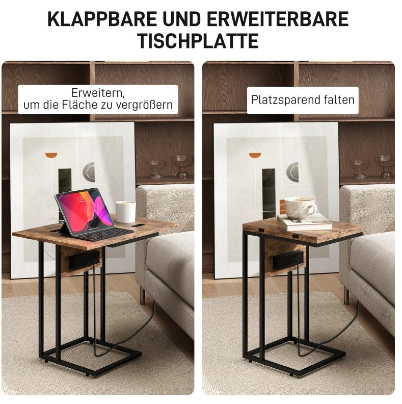 Tavolino pieghevole 39x29x57 cm in legno e metallo marrone rustico con USB
