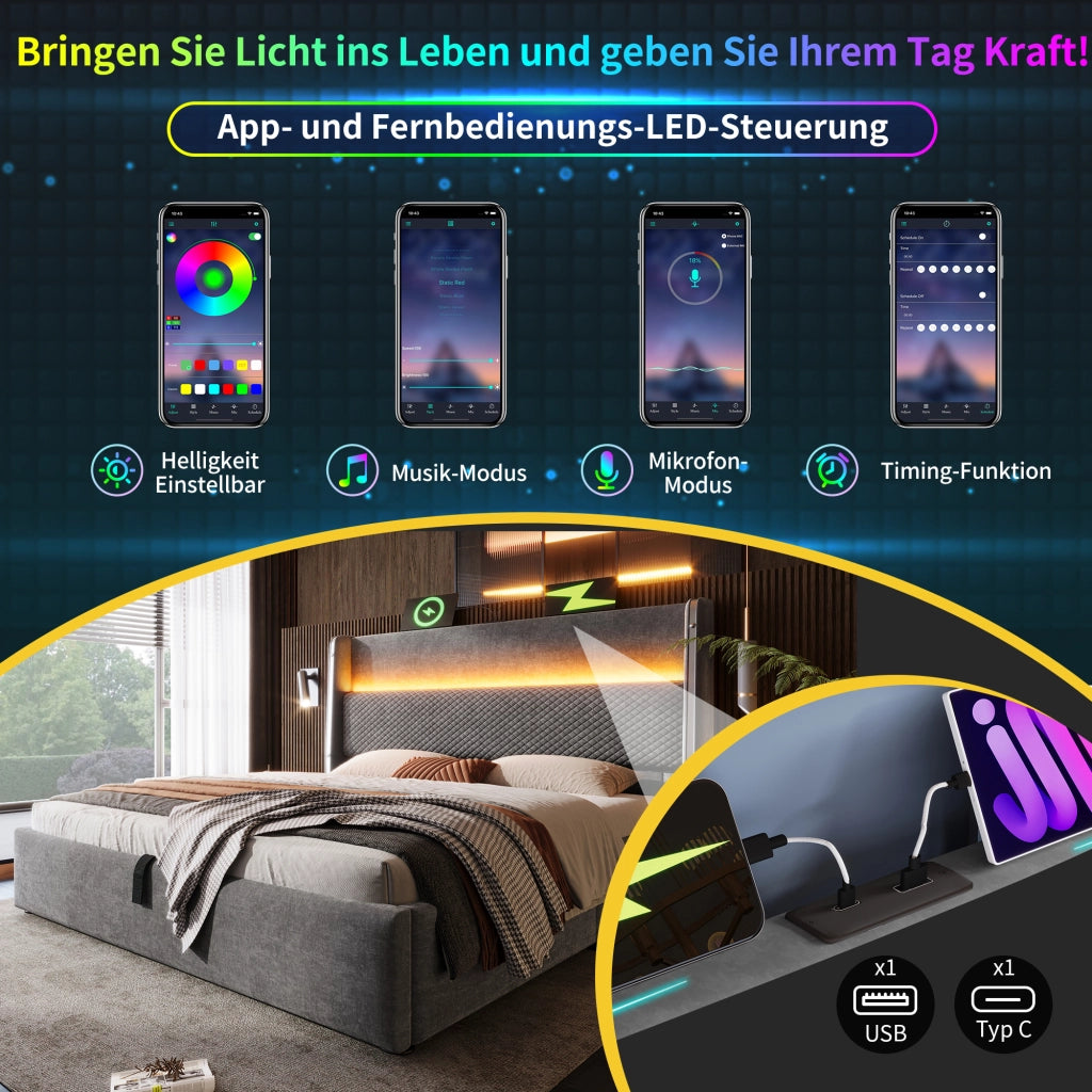 OKWISH Letto Contenitore 140×200 cm, Letto Matrimoniale con LED Regolabile, USB, Tipo C e Testiera Alta, senza Materasso, in Lino, Grigio