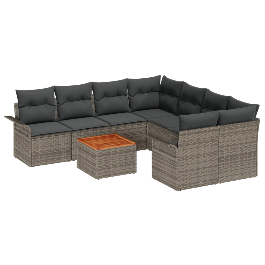 Set da Giardino da 9 Pezzi con Cuscini Grigio Polyrattan Acacia
