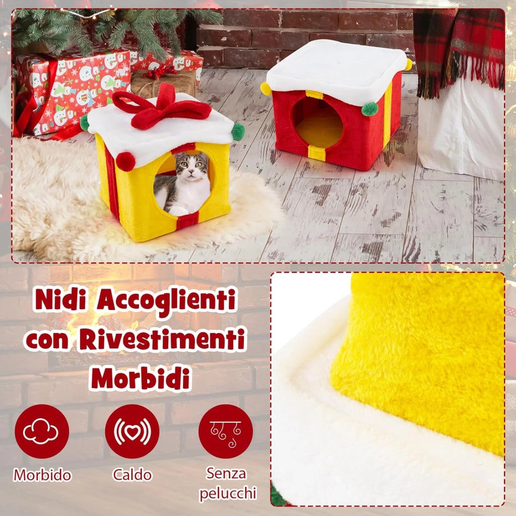Set 2 Cuccia Cane Interno a 2 Piani, Tiragraffi per Gatto a Forma di Scatola di Natale in Tessuto e MDF, Lettino Gatto Interno per Inverno, Rosso e Giallo