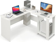 130 cm, scrivania a forma di L, moderna stile semplice scrivania con scaffalature, 2 fori di gestione dei cavi, design salvaspazio, scrivania angolare per casa, ufficio (bianco), FE43794