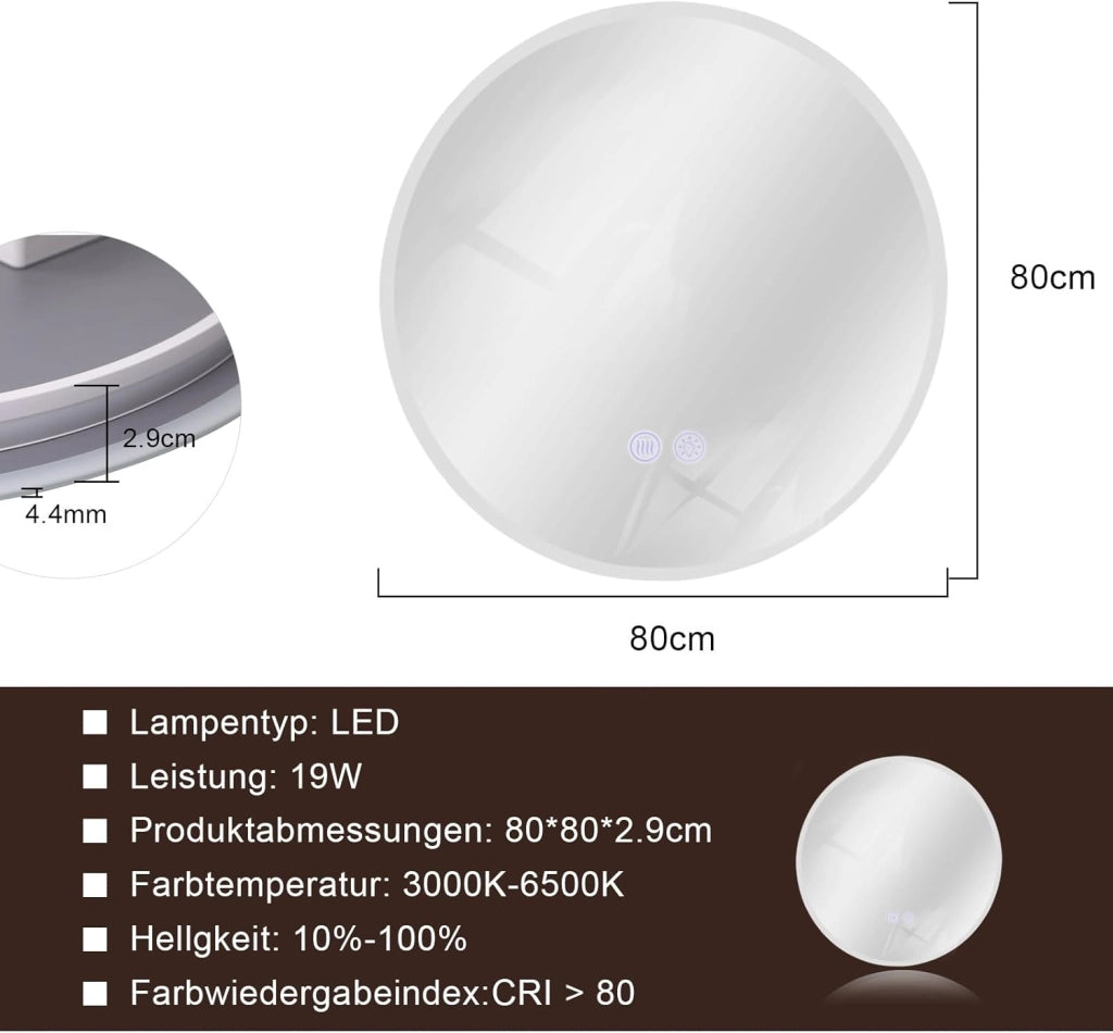 ZMH Specchio da Bagno Illuminato con Regolazione d'Intensità e Interruttore Touch