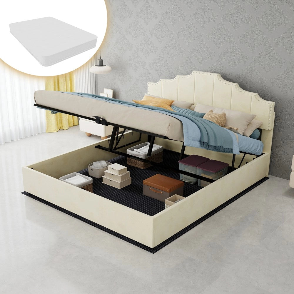 Letto Contenitore Imbottito con Materasso ¨C MINIMAL ¨C Velluto Beige 160x200