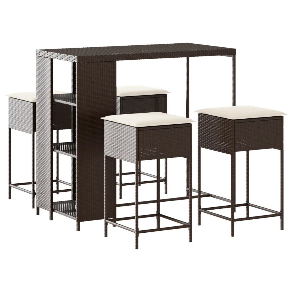 Set Bar da Giardino 5 pz | Set Salotto da Giardino con Cuscini in Polyrattan Marrone