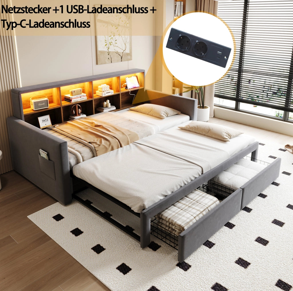 Letto imbottito estraibile 90x190 cm con LED, prese e cassetti