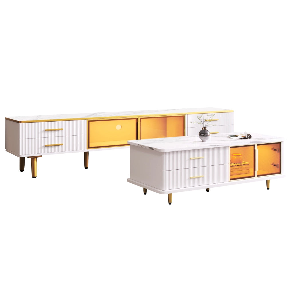 OKWISH Set 2 Pezzi Mobile TV e Tavolino da Salotto, con LED, Cassetti e Ante, Pannello di Particelle Bianco