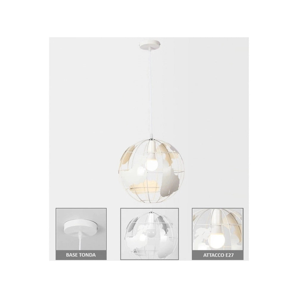 Trade Shop - Lampadario A Sospensione Mappamondo E27 In Metallo Bianco Sfera Globo Sospeso 33931 -