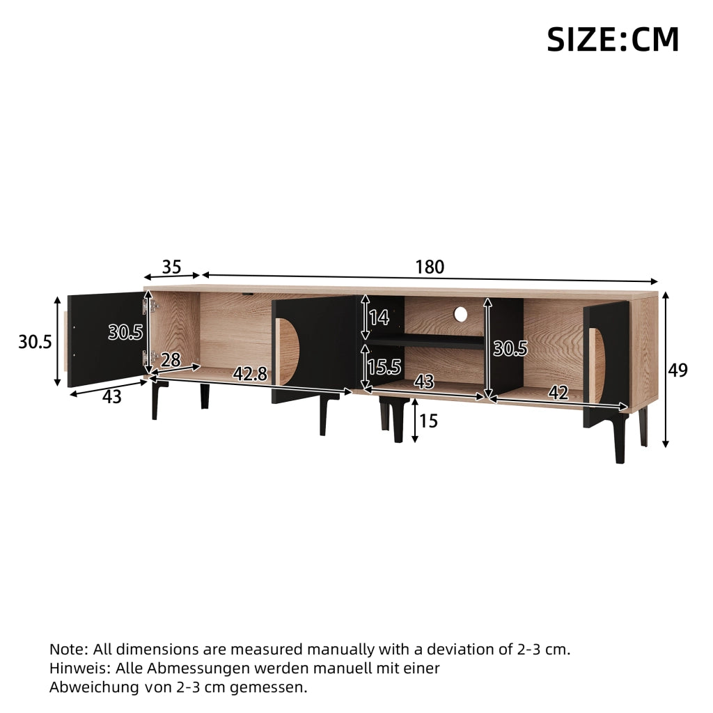 Mobile TV basso - Zephmum- 180x35x49cm, 2 ante, scaffali aperti, colore legno e nero, adatto per TV 80 pollici