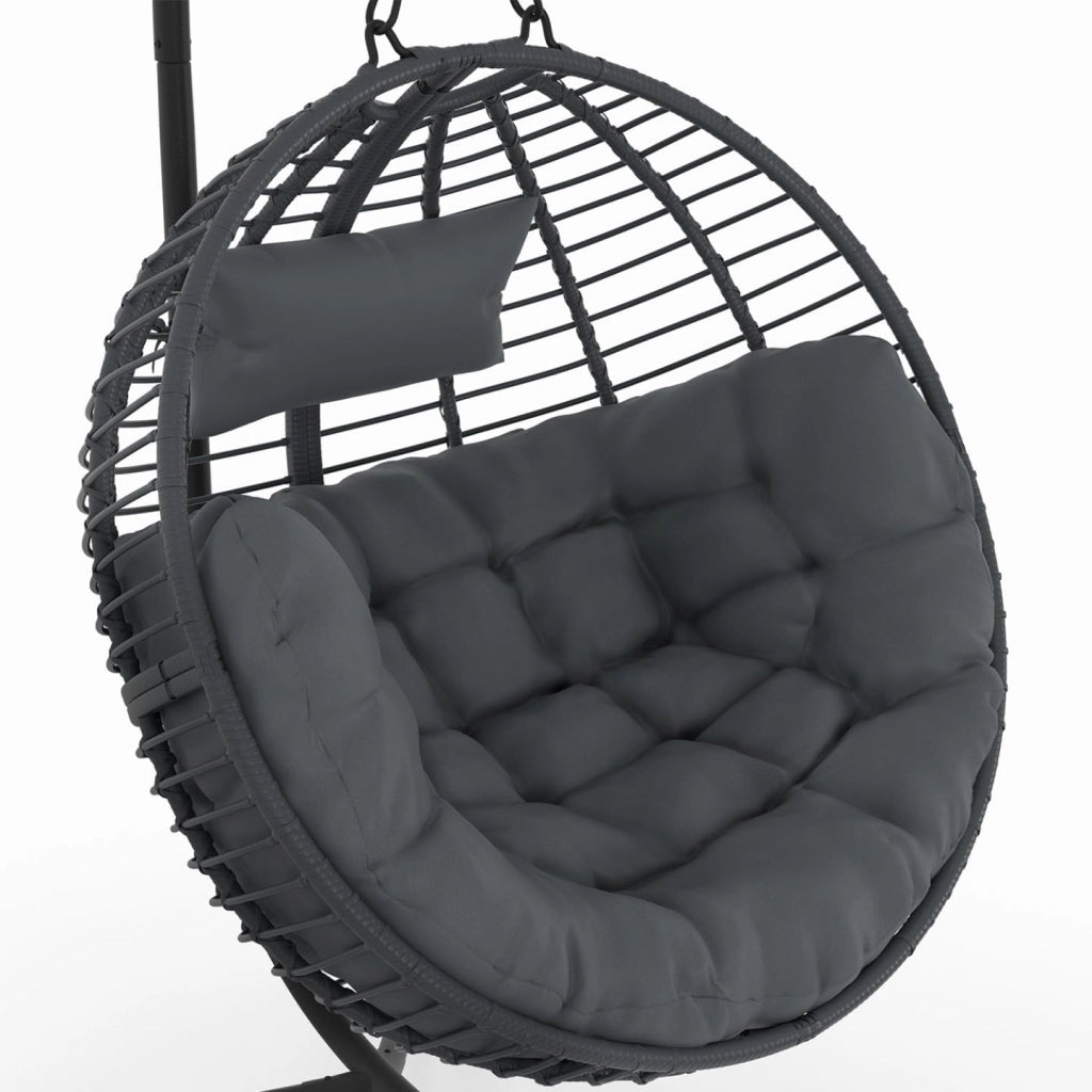 Poltrona Rotonda Traforata con Effetto Rattan Grigio e Cuscino Grigio