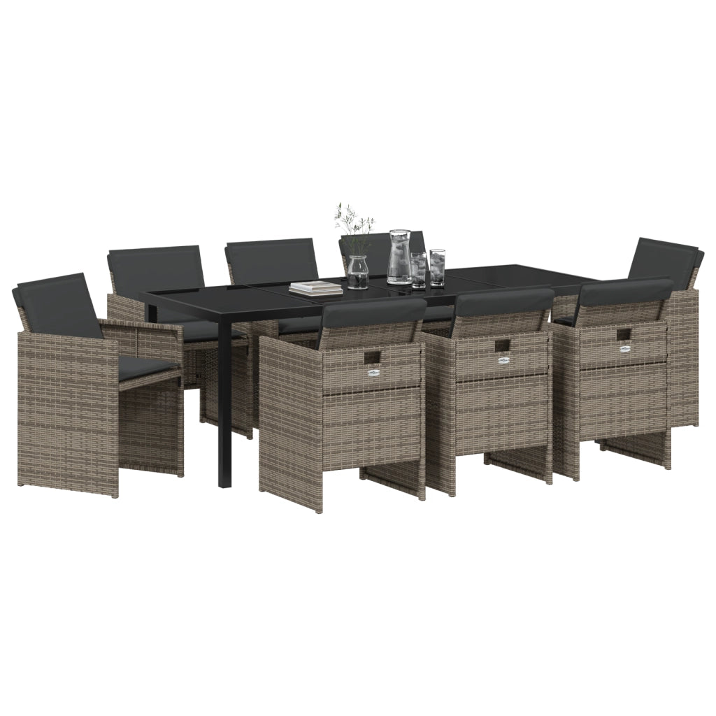 Set da Pranzo Giardino 9 Pezzi con Cuscini Grigio Polyrattan