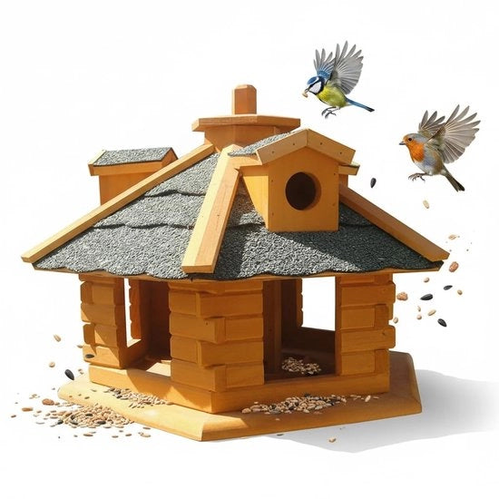 Case per Uccelli con Cassetta di Cibo - Costruzione in Legno - Copertura Bituminosa - Dimensioni 48 x 33 cm - per Uccelli Selvatici