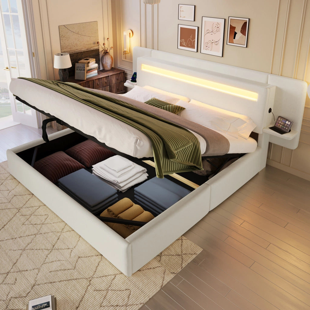 Letto imbottito 180x200 cm in lino beige con contenitore; LED multicolore e presa USB