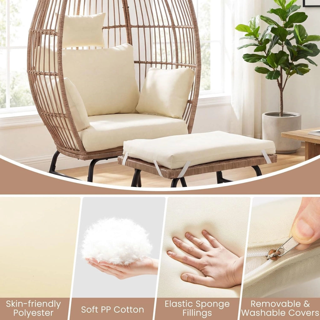Poltrona a Uovo con Pouf, Sedia Relax in Rattan PE con Comodi Cuscini e Cuscinetti, Fodere Sfoderabili, Poltrona Pigra di Grandi Dimensioni per Balcone, Piscina, Veranda