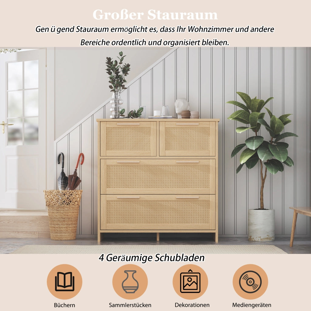 OKWISH Comò in Rattan con 4 Cassetti e Dispositivo Antiribaltamento, per Camera o Ingresso, MDF, Naturale, 80 × 38 × 80 cm
