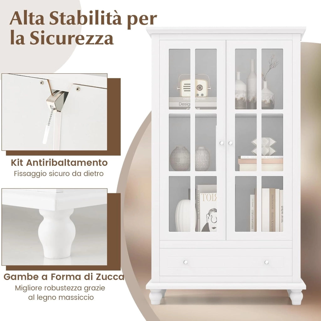Mobile Libreria, Vetrinetta Espositiva Alta con Ante in Vetro Temperato, Libreria Verticale in legno con Ripiani Regolabili e Cassetto, per Soggiorno, Camera da Letto, 80 x 40 x 139 cm