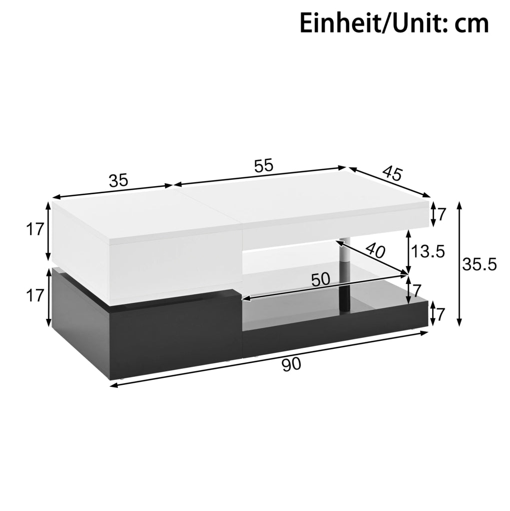 Tavolino da caffè 90x45x35;5 cm; LED con APP e Bluetooth; pannello truciolare; nero e bianco