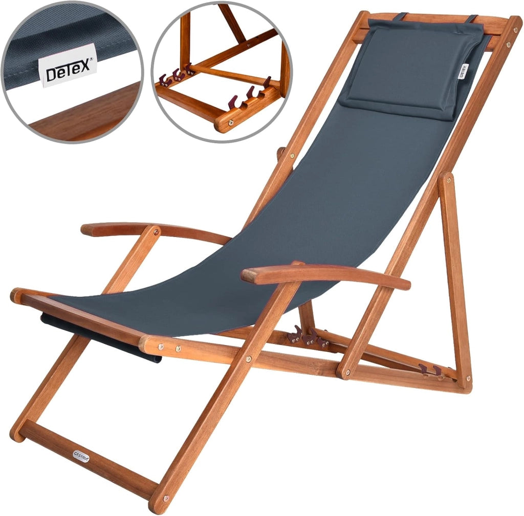 ® Sedia a Sdraio in Legno Acacia Pieghevole con Poggiatesta Traspirante Poltrona Relax Sedie Esterno Giardino