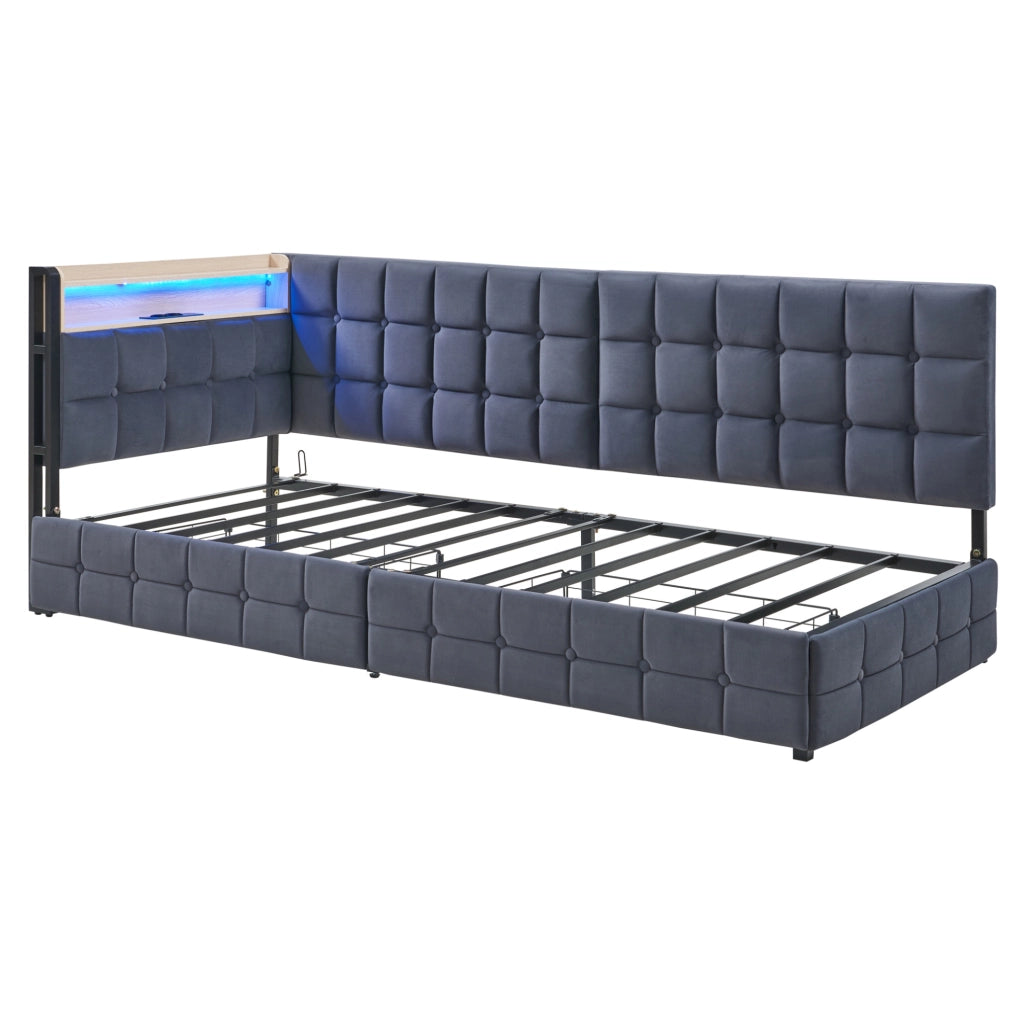 Letto imbottito 90x200 cm con LED; cassetti e USB in tessuto grigio