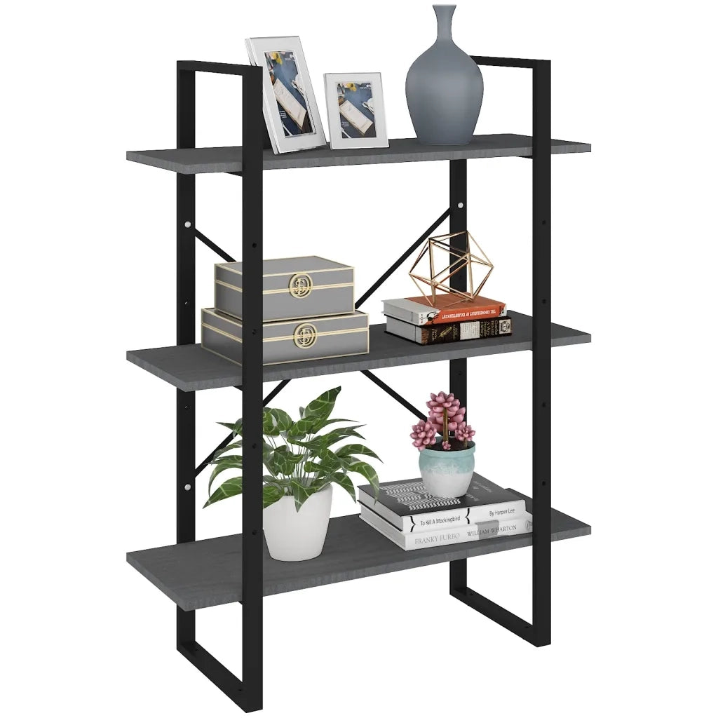 Libreria a 3 Ripiani-Scaffale per Libri-Mobile di Stoccaggio Grigia 80x30x105 cm in Massello di Pino
