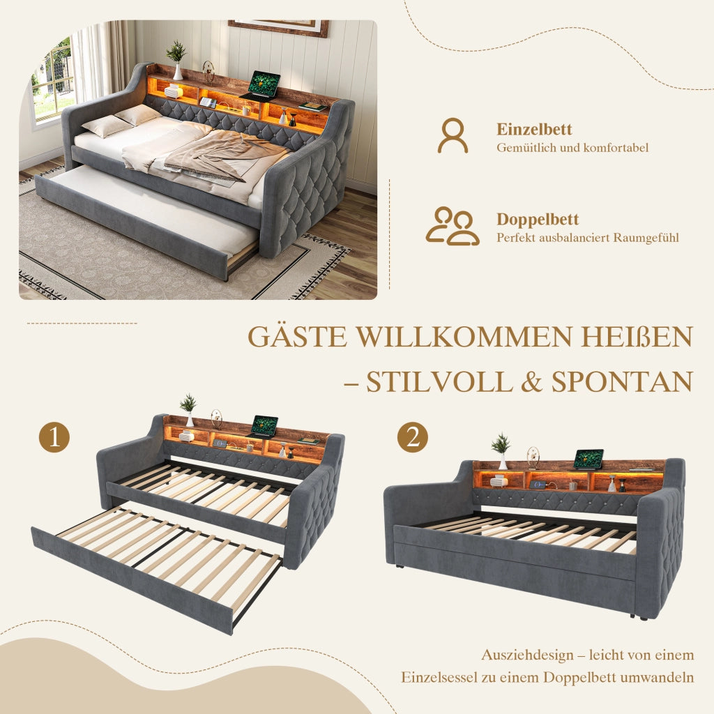 Letto estraibile 90 × 190 cm con contenitore, USB Type-C e LED regolabile, senza materasso, in velluto grigio scuro