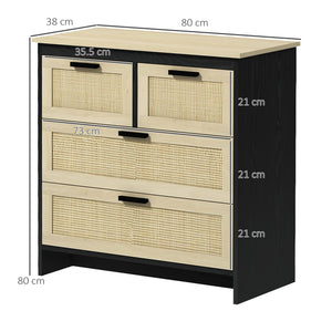 Cassettiera 4 Cassetti 80x38x80 cm in Truciolato e Rattan Nero e Color Legno