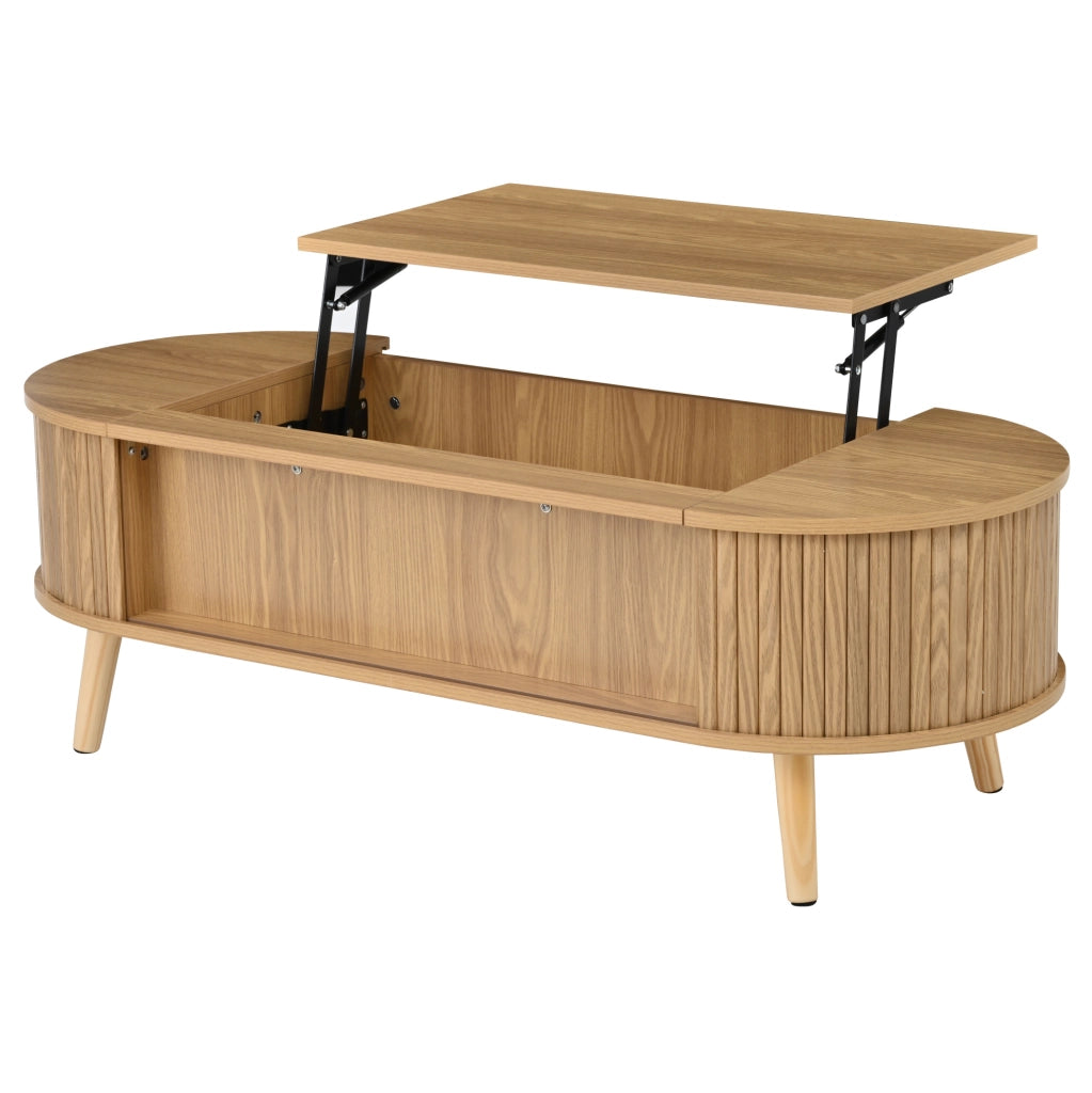 Tavolino da caffè sollevabile 120x50 cm in MDF effetto legno naturale; con contenitore nascosto