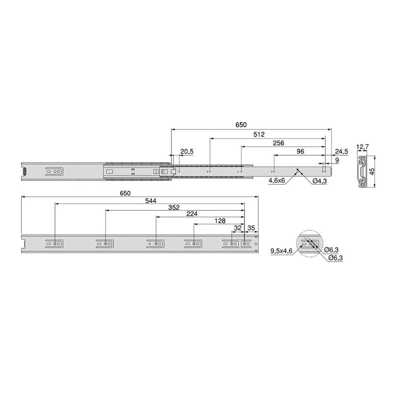 Set di guide a sfere per cassetti con estrazione totale, altezza 45 mm, lunghezza 300 mm, Acciaio, Zincato bianco