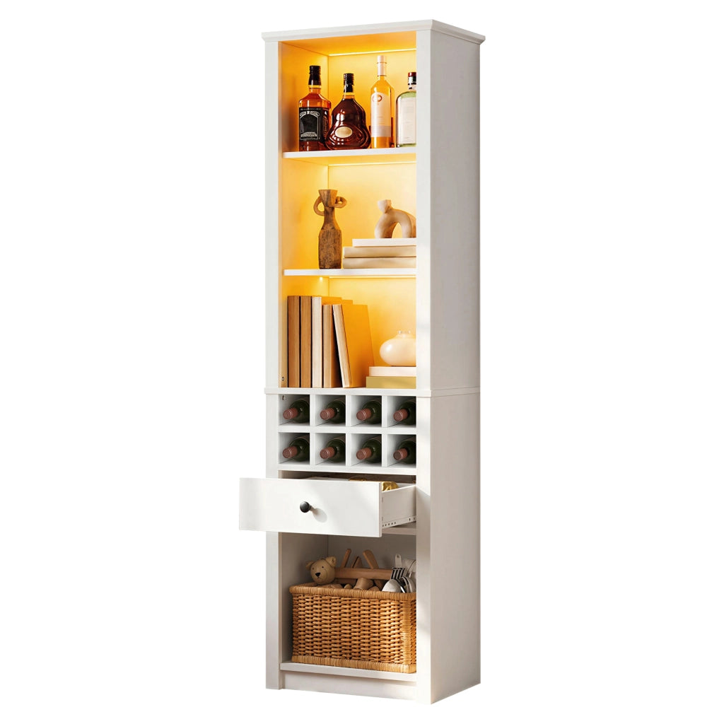 Credenza alta con 1 cassetto; 12 vani e LED - per soggiorno - in MDF - 55×40×200 cm