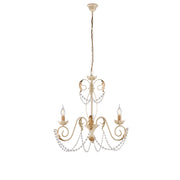 Lampadario Shabby Damasco 3 Luci Ferro Battuto Avorio E Oro Con Cristalli