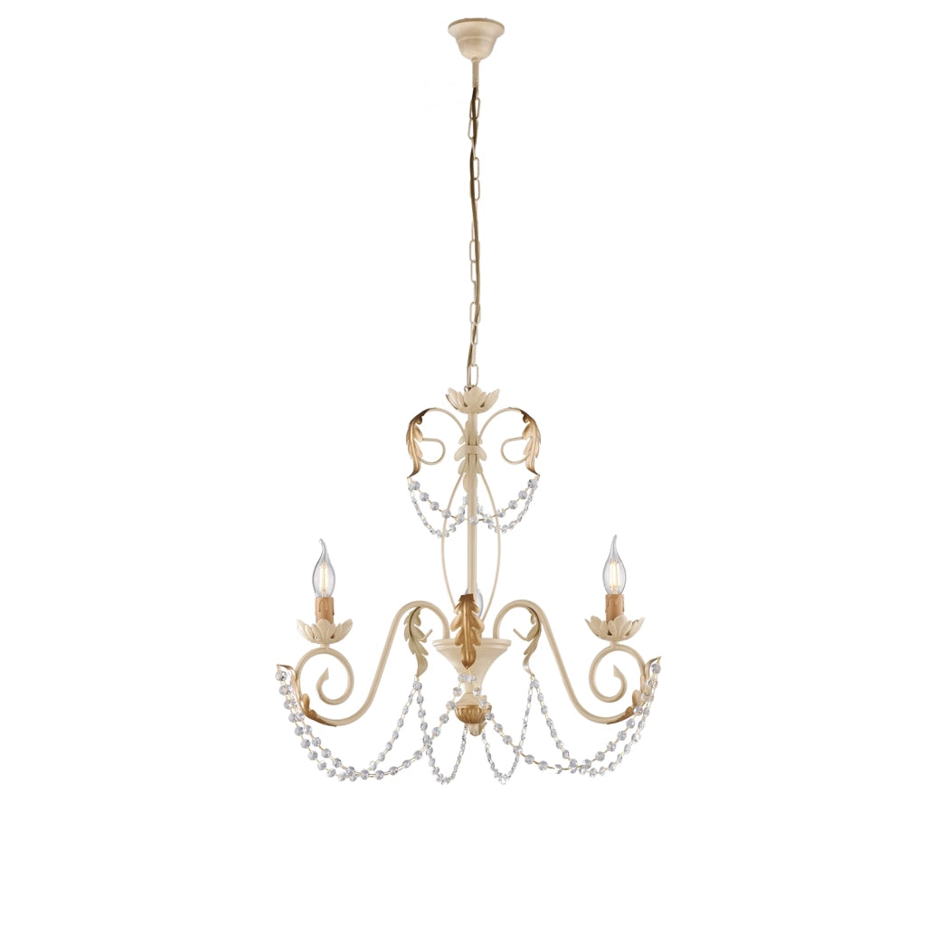 Lampadario Shabby Damasco 3 Luci Ferro Battuto Avorio E Oro Con Cristalli