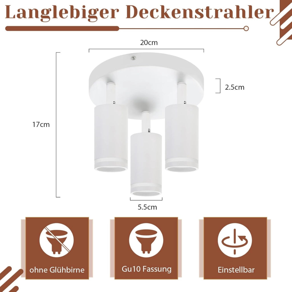 ZMH Faretto da soffitto Bianco 3 Luci Rotondo GU10 Orientabile da Interno in Metallo per Corridoio Senza Lampadine