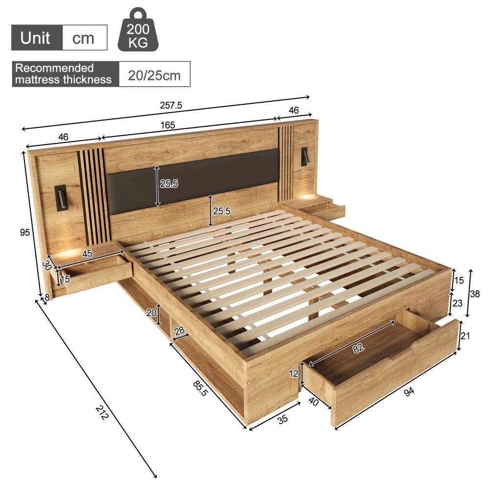 Letto 160x200 cm con cassetto, comodini e luci orientabili in MDF naturale
