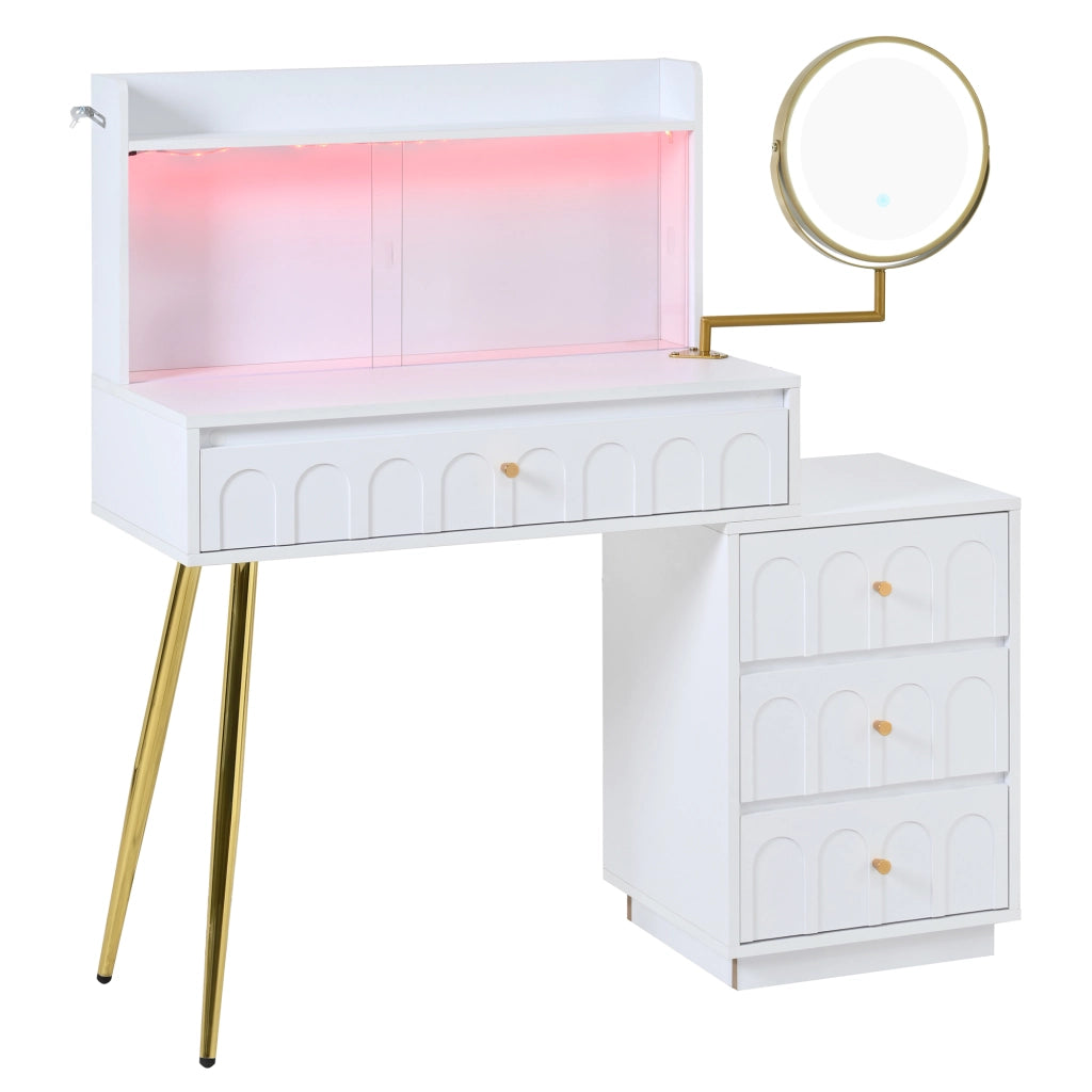 Tavolo Trucco con Specchio LED Girevole e Ante Scorrevoli in Vetro ¨C MINIMAL ¨C Bianco, 4 Cassetti, 112x40x116 cm