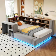 Letto imbottito 90 x 200 cm con testiera imbottita, vani portaoggetti, LED, prese integrate e tavolino laterale, Grigio scuro