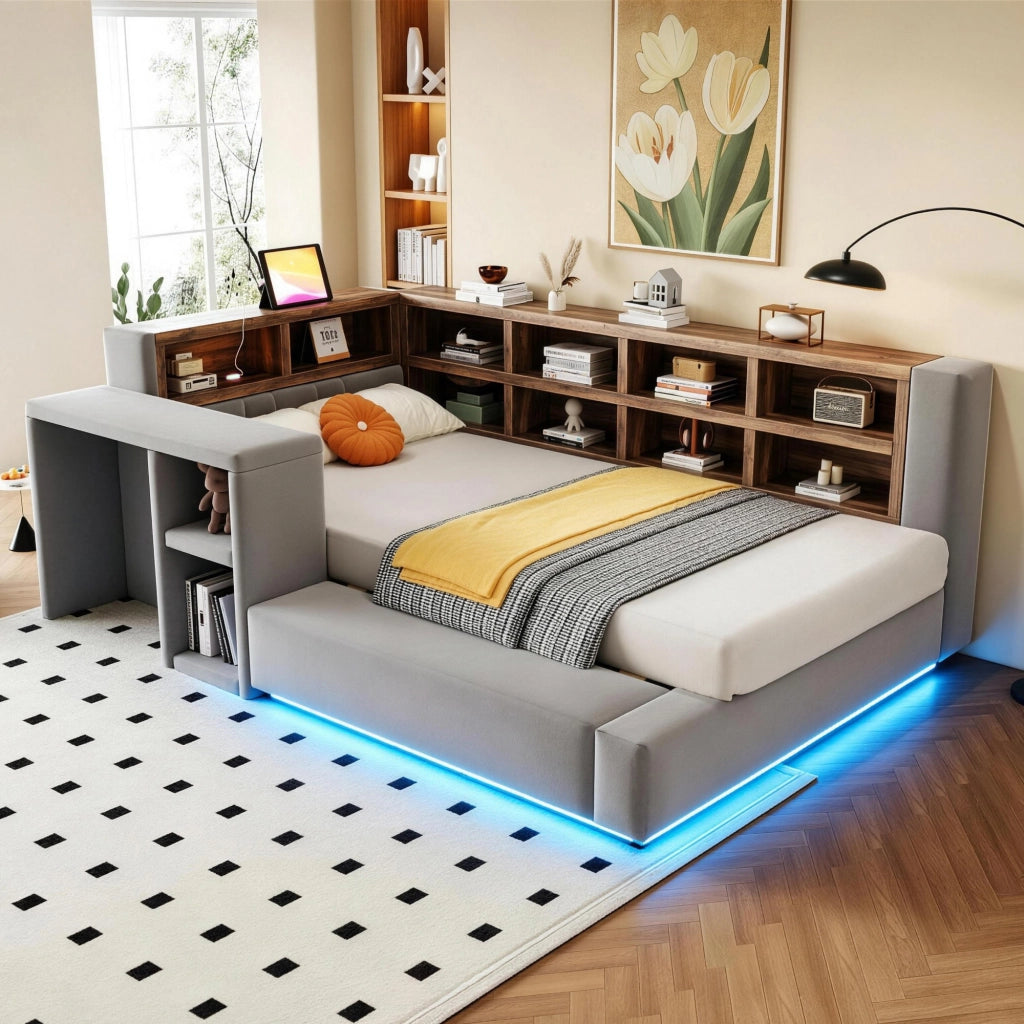 Letto imbottito 90 x 200 cm con testiera imbottita, vani portaoggetti, LED, prese integrate e tavolino laterale, Grigio scuro
