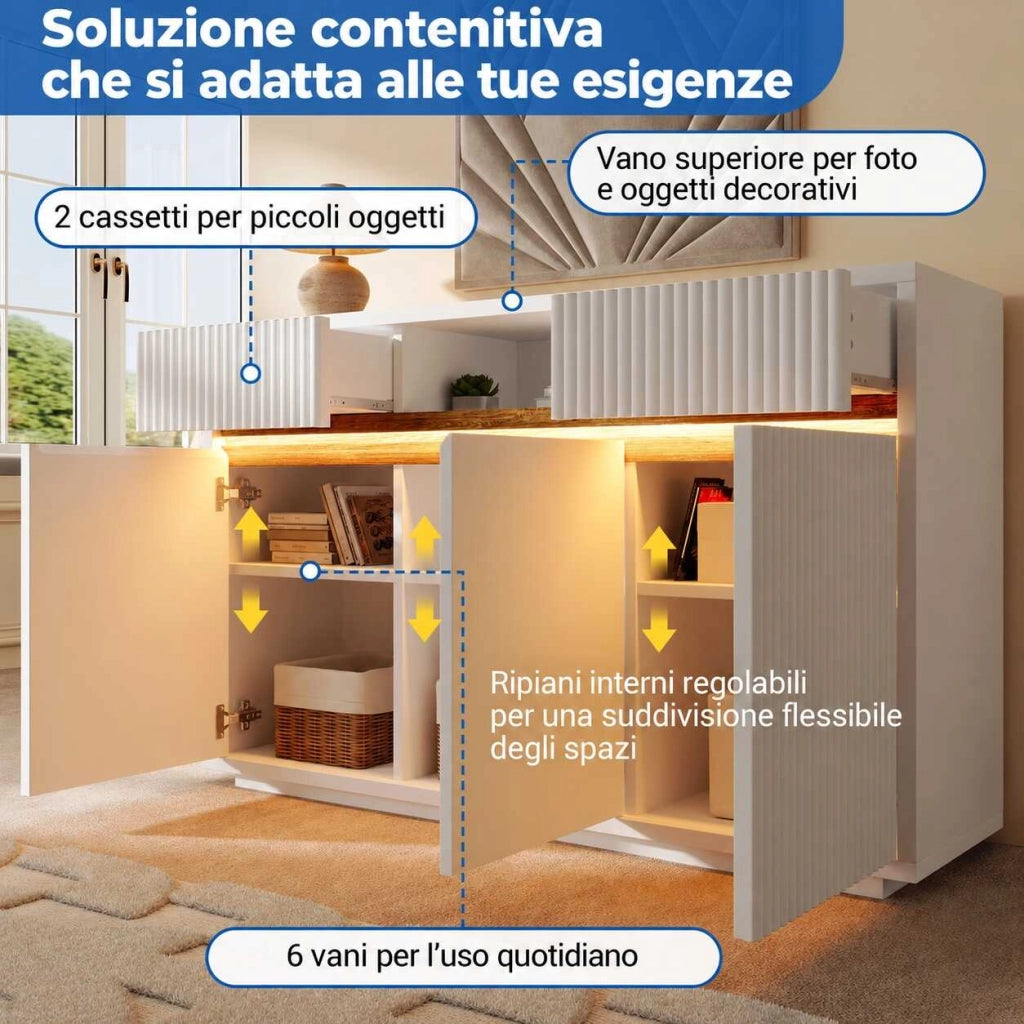 Credenza LED 140x40x85 cm bianca con 3 ante; 2 cassetti e ripiani regolabili