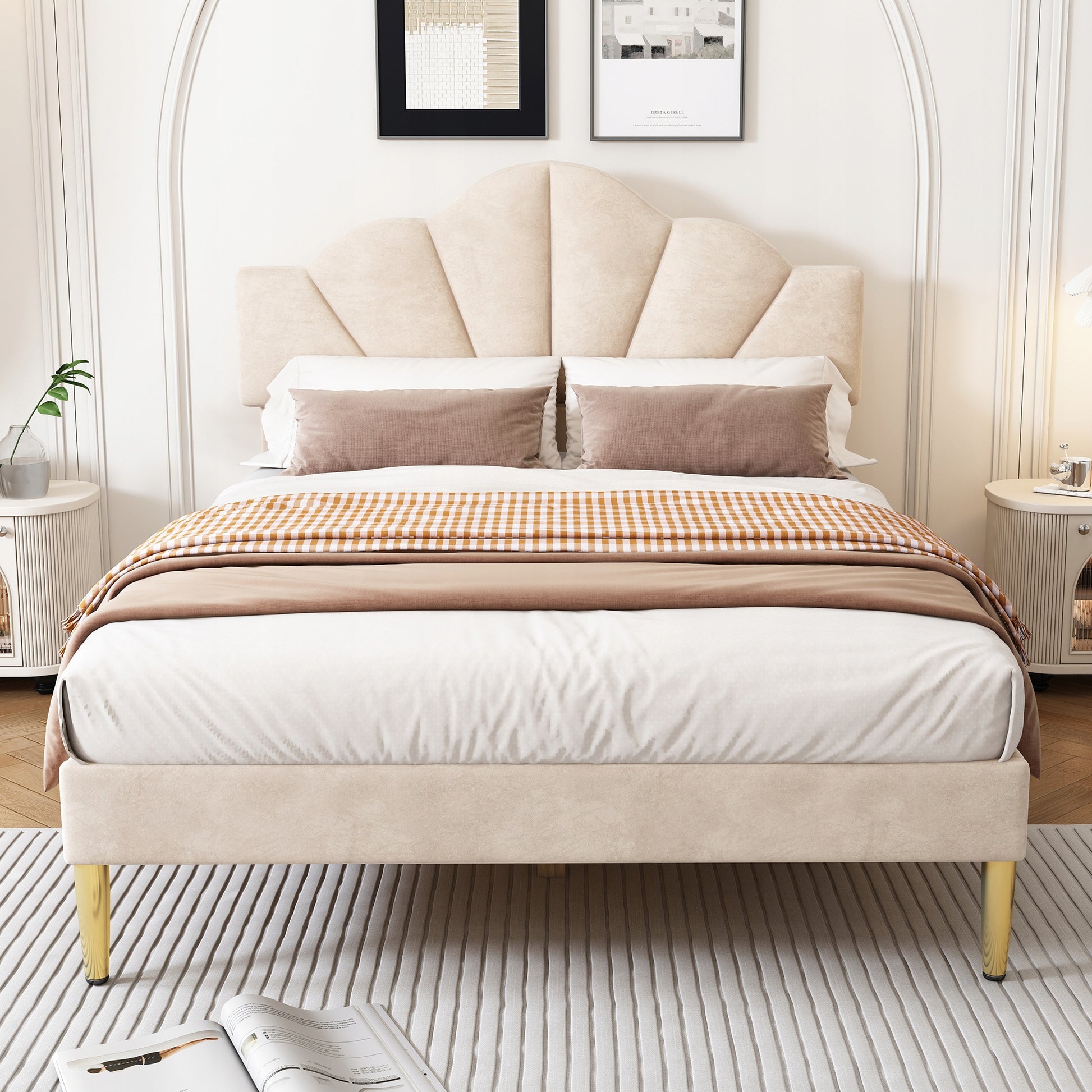 Letto matrimoniale 140x200cm - Xylo - Muschio, gambe dorate, telaio
