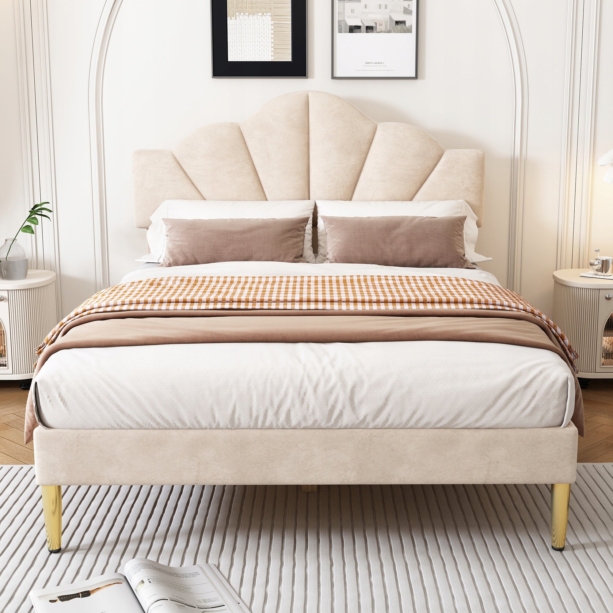 Letto matrimoniale 140x200cm - Xylo - Muschio, gambe dorate, telaio