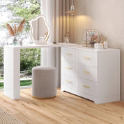Toeletta girevole con specchio LED, design a L, bianco e oro, 110¡Á40¡Á129 cm