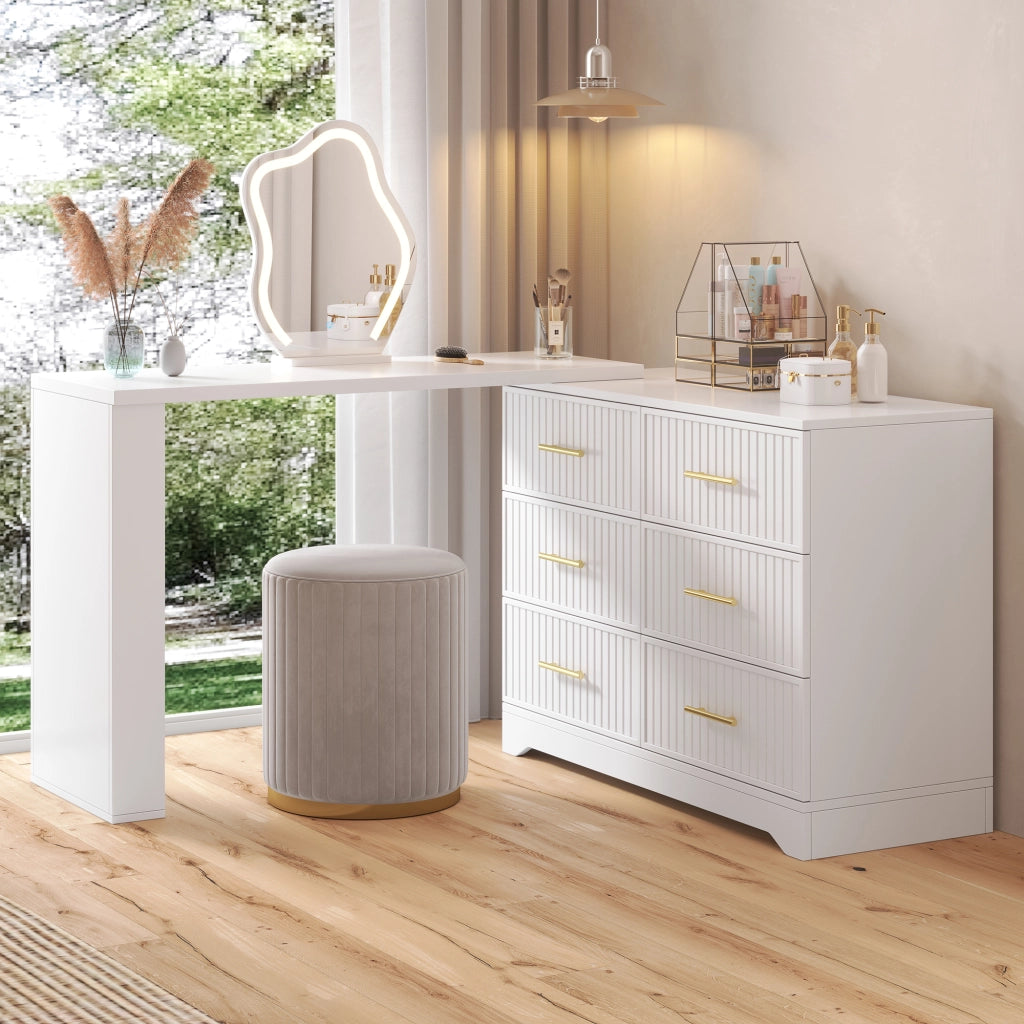 Toeletta girevole con specchio LED, design a L, bianco e oro, 110¡Á40¡Á129 cm