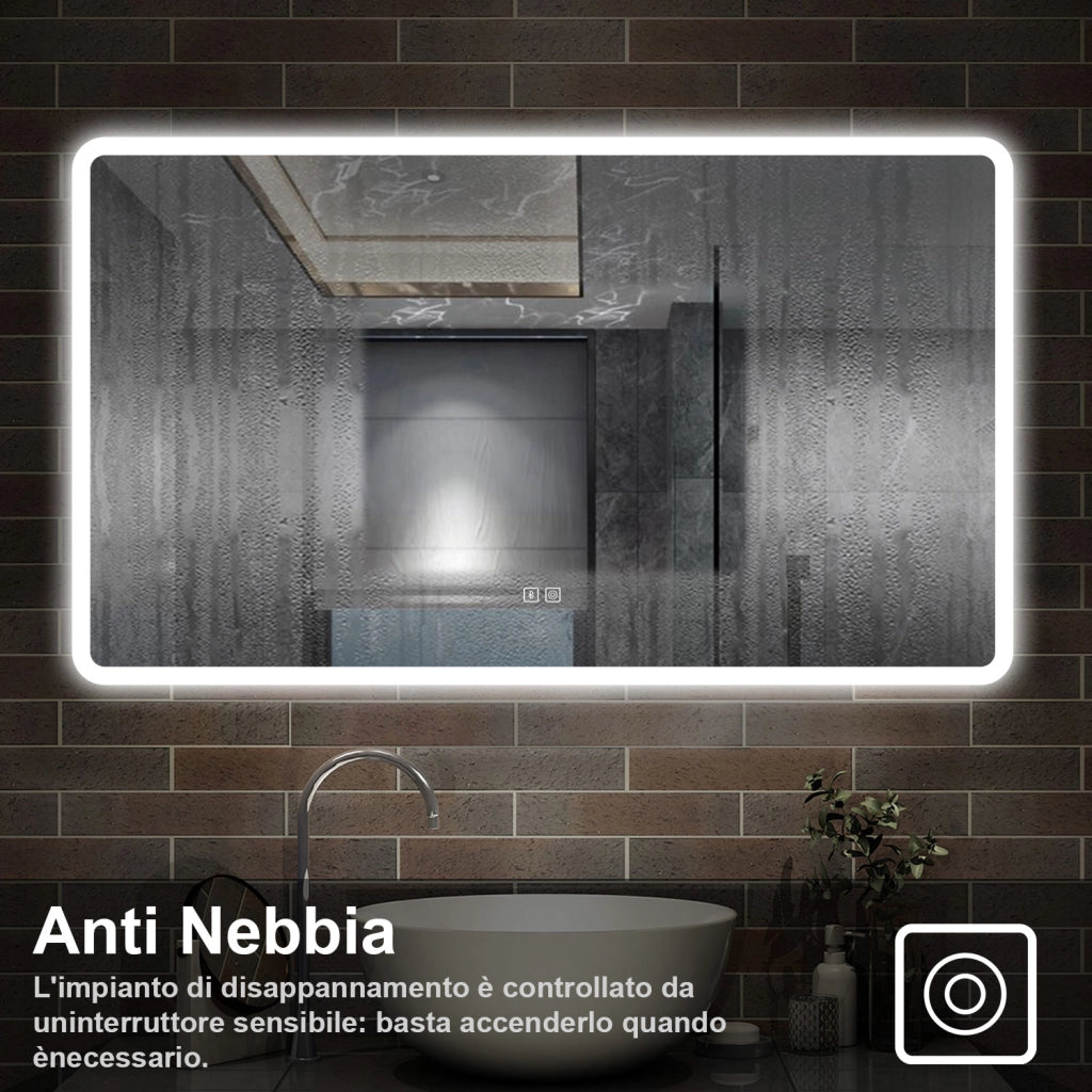 specchio rettangolare 120 x 70 cm con luce led a 3 colori, antiappannamento e touch, bluetooth