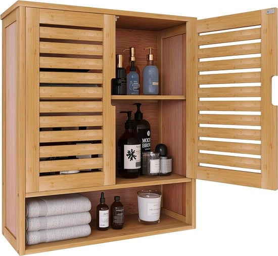 Organizzatore di stoccaggio per bagno a muro, con 2 porte e pannelli regolabili in legno naturale