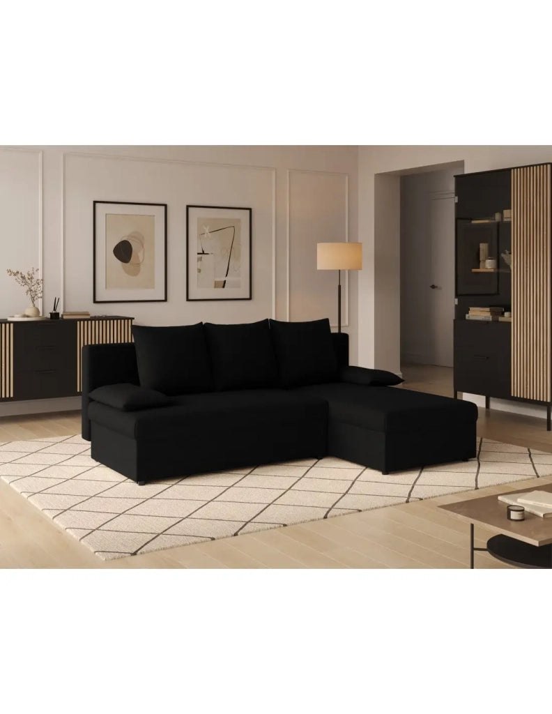 Divano ad angolo Nero 3 posti chaise longue universale 206x90x146cm GINA