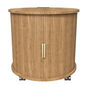 Comodino cilindrico con porta scorrevole; presa e 2 porte USB; per camera da letto; in MDF; rovere; 60×60×60 cm