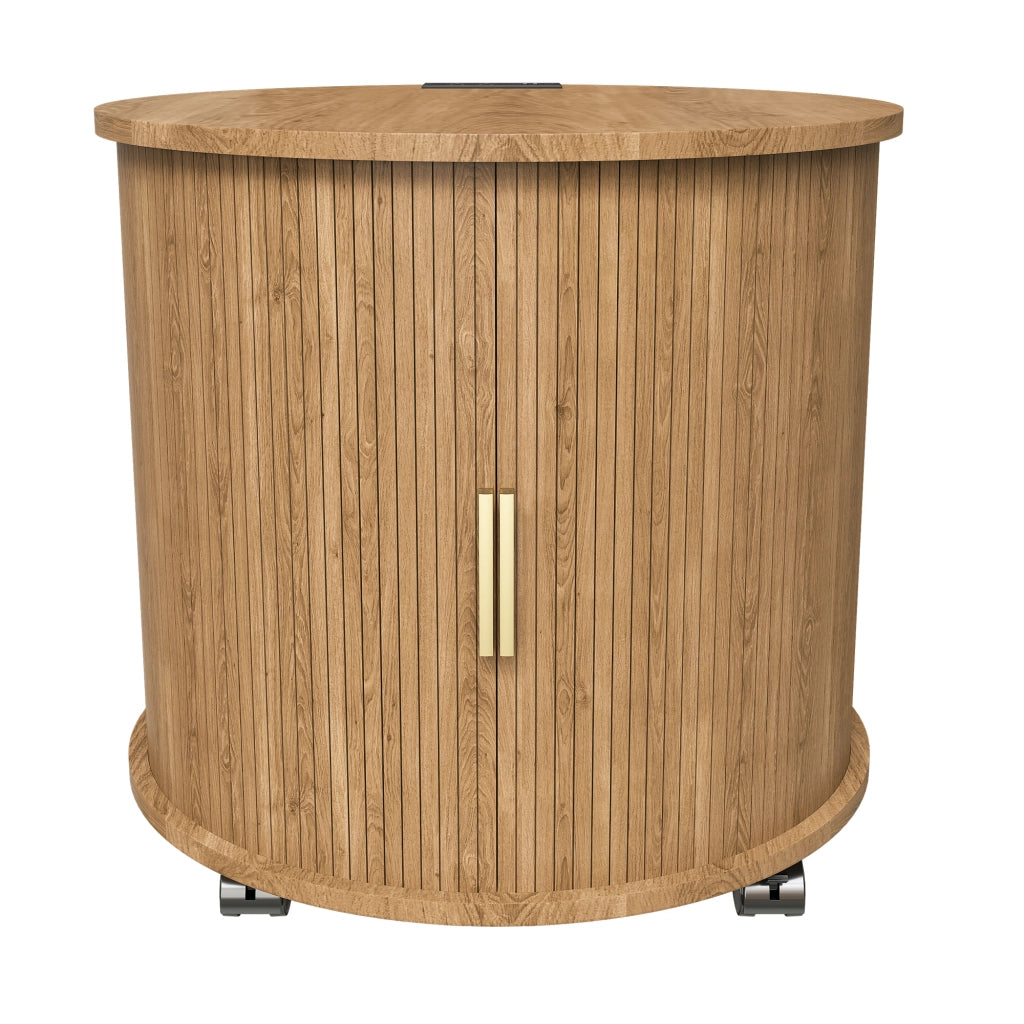 Comodino cilindrico con porta scorrevole; presa e 2 porte USB; per camera da letto; in MDF; rovere; 60×60×60 cm