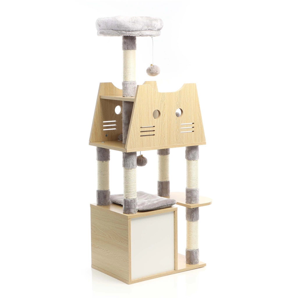 Fudajo Albero tiragraffi Legno grigio 126cm Con casetta per gatti, nicchia, colonne in sisal, cuccia