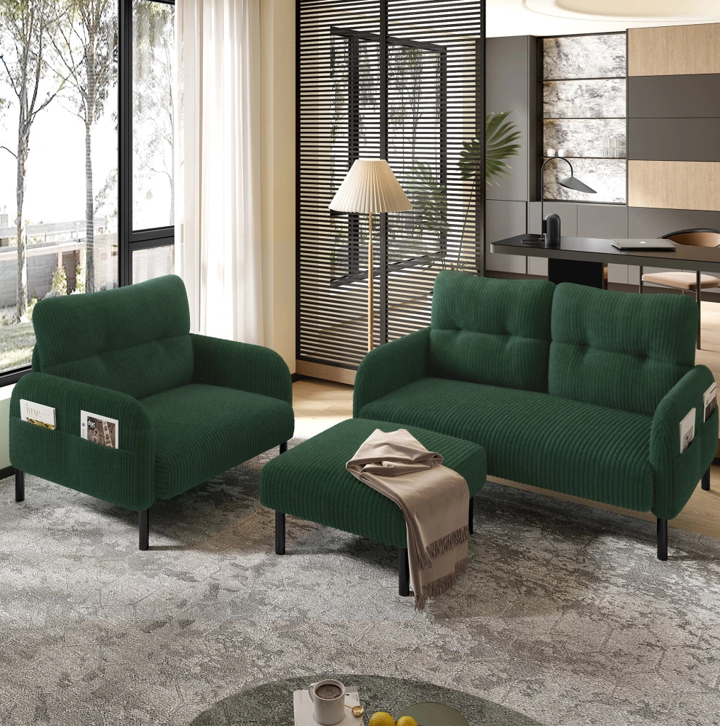 Divano 2 posti 120x75x79 cm con tasca laterale e schienale ergonomico in corduroy verde smeraldo