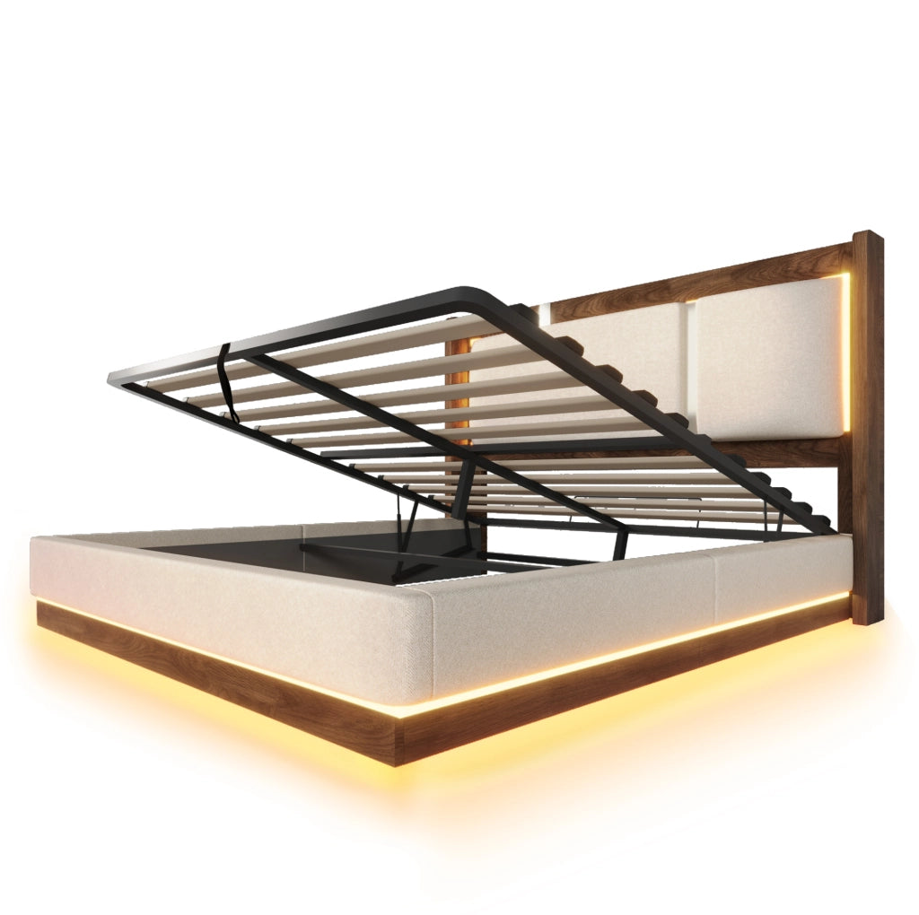 Letto imbottito 140x200 con LED integrato e vano contenitore