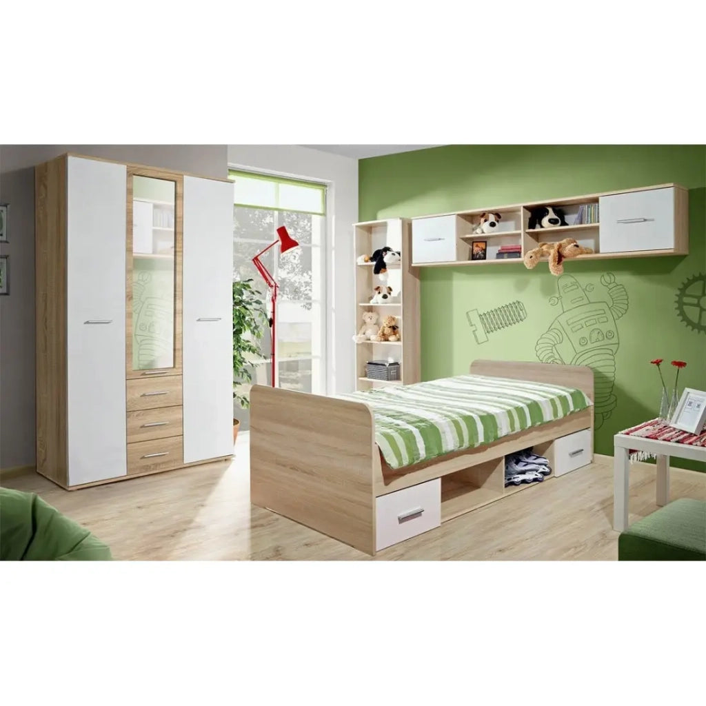 Camera completa per bambini e adolescenti, collezione DENVER. Armadio a 3 ante, letto, libreria e scaffale.